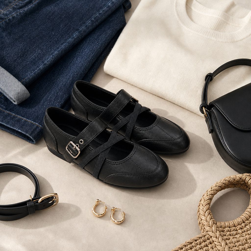 Black flats flat-lay with accessories