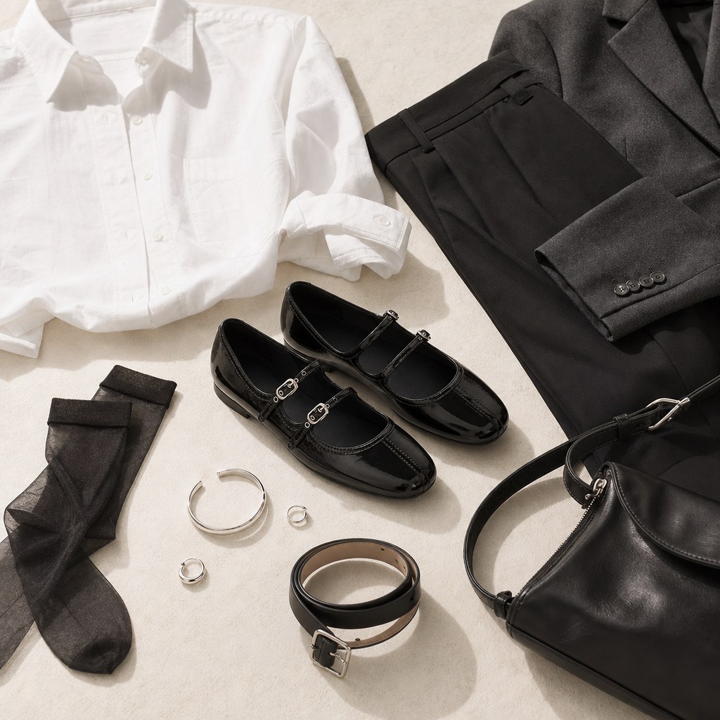 Black Mary Jane flats styled with clothing and accessories