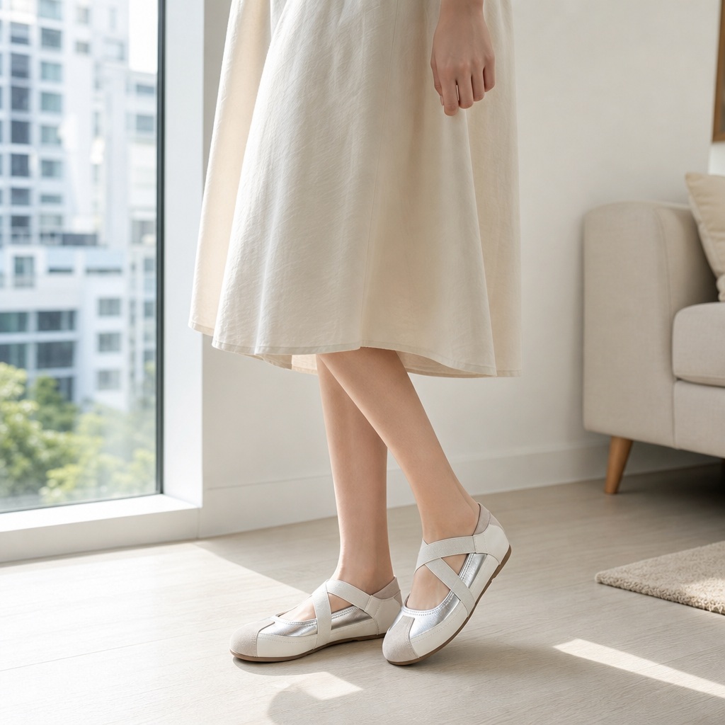 Colorblock Mary Jane shoes worn with a dress in a lifestyle scene