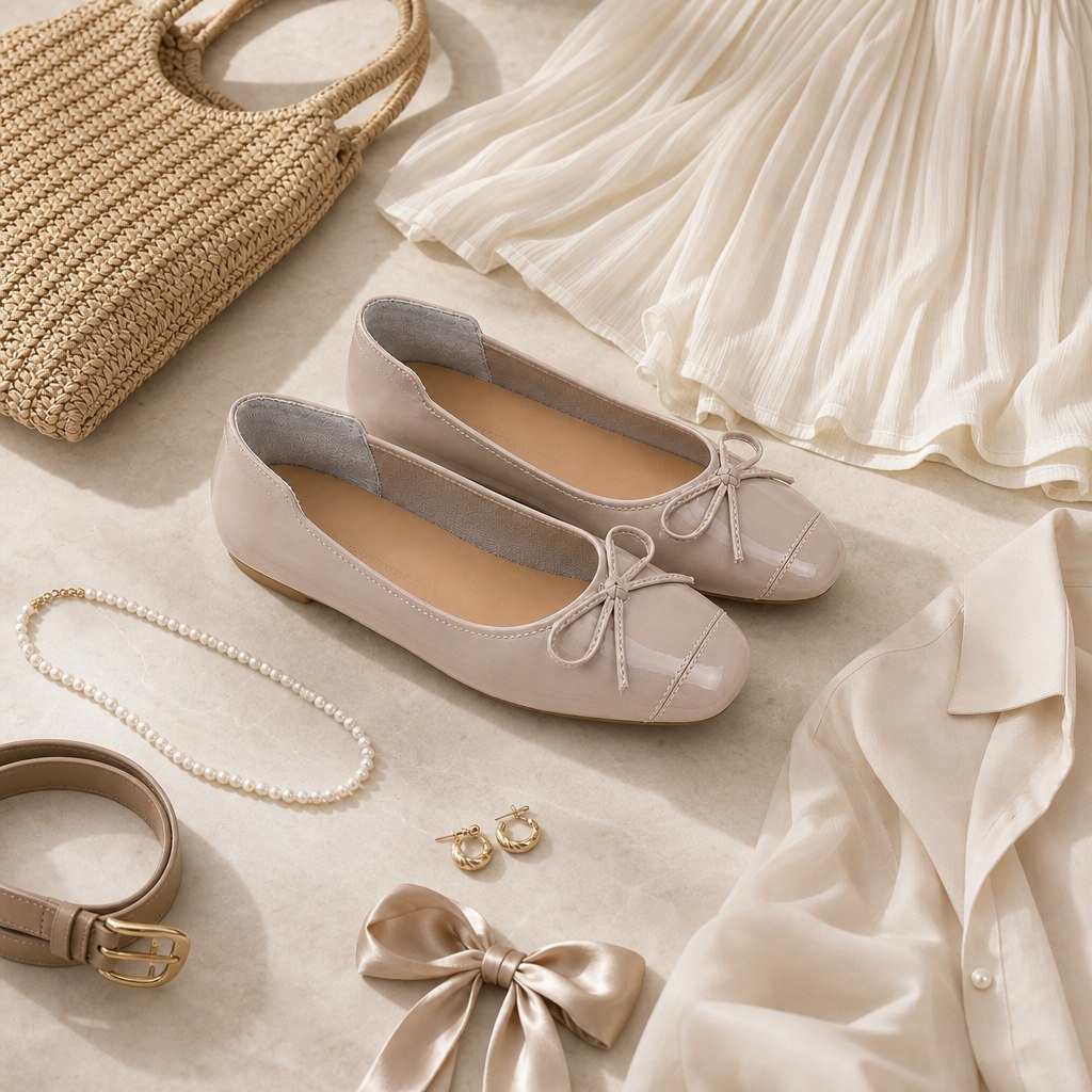 Flat-lay lifestyle arrangement of casual shallow flats with accessories