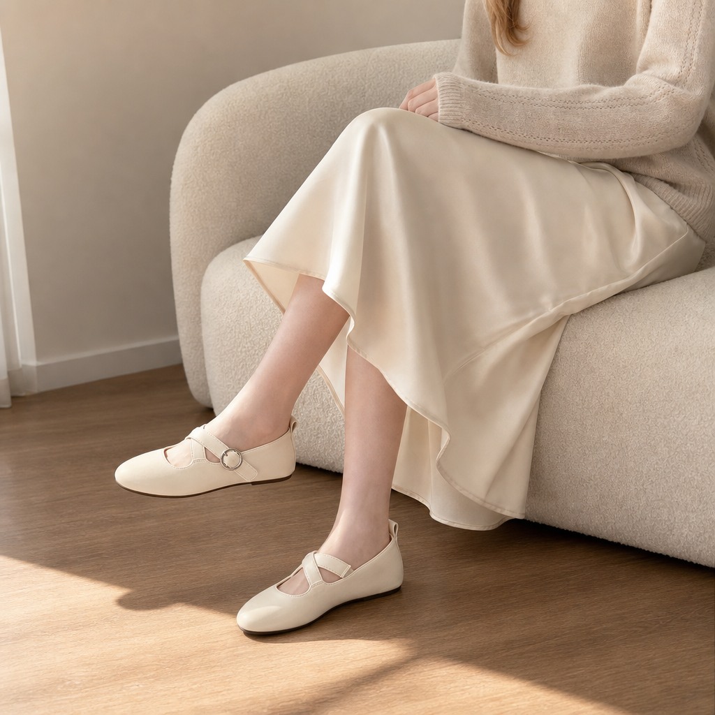 Beige Mary Jane shoes worn while seated indoors