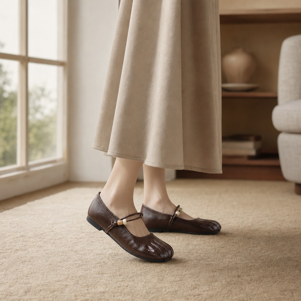 Brown flats worn in an indoor lifestyle scene