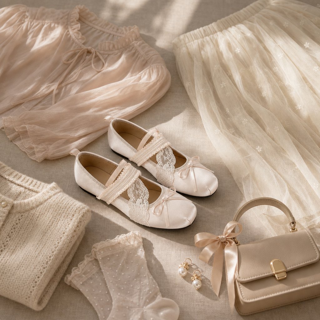 Pink Mary Jane shoes styled with garments and bag