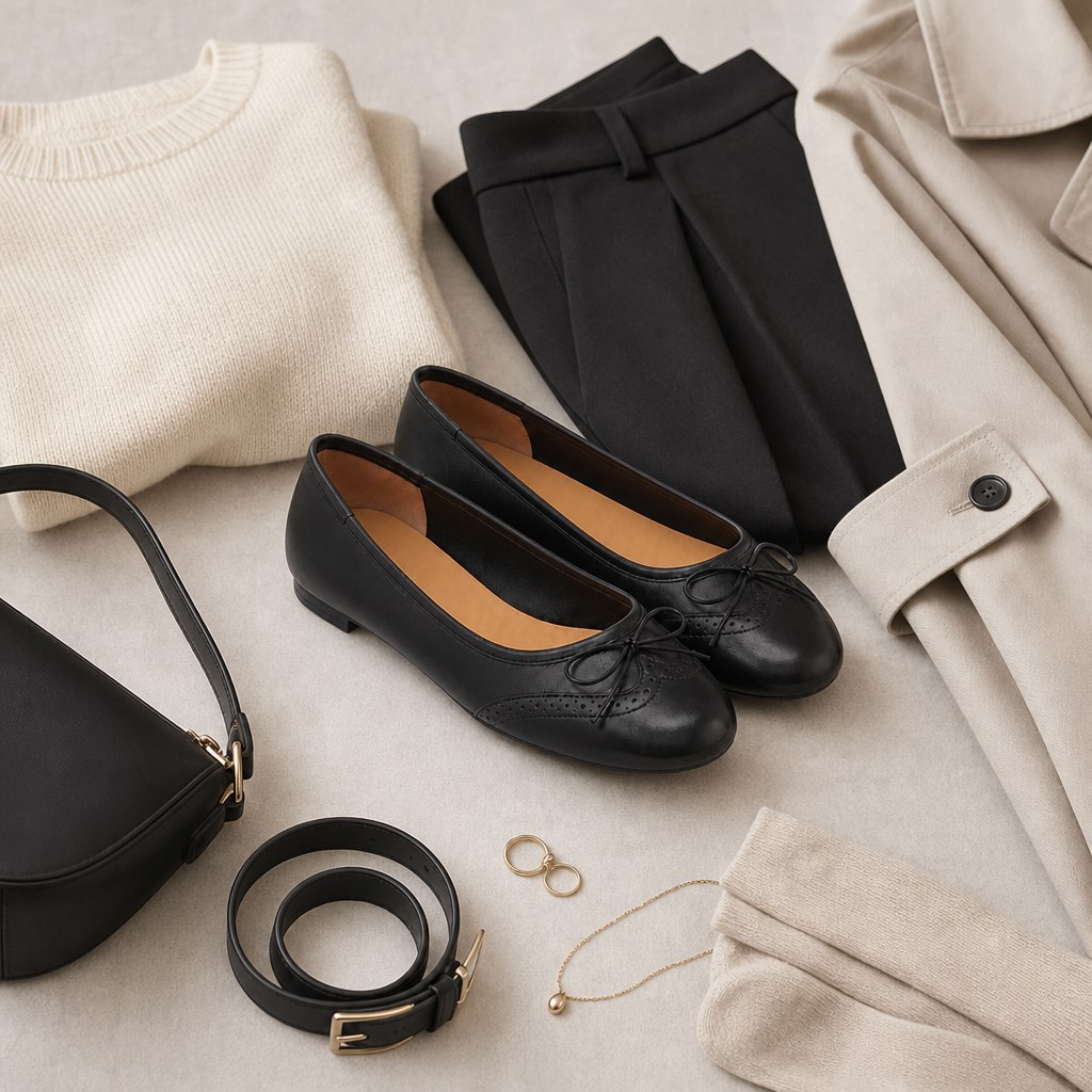 Black cowhide flats in a lifestyle flat-lay outfit