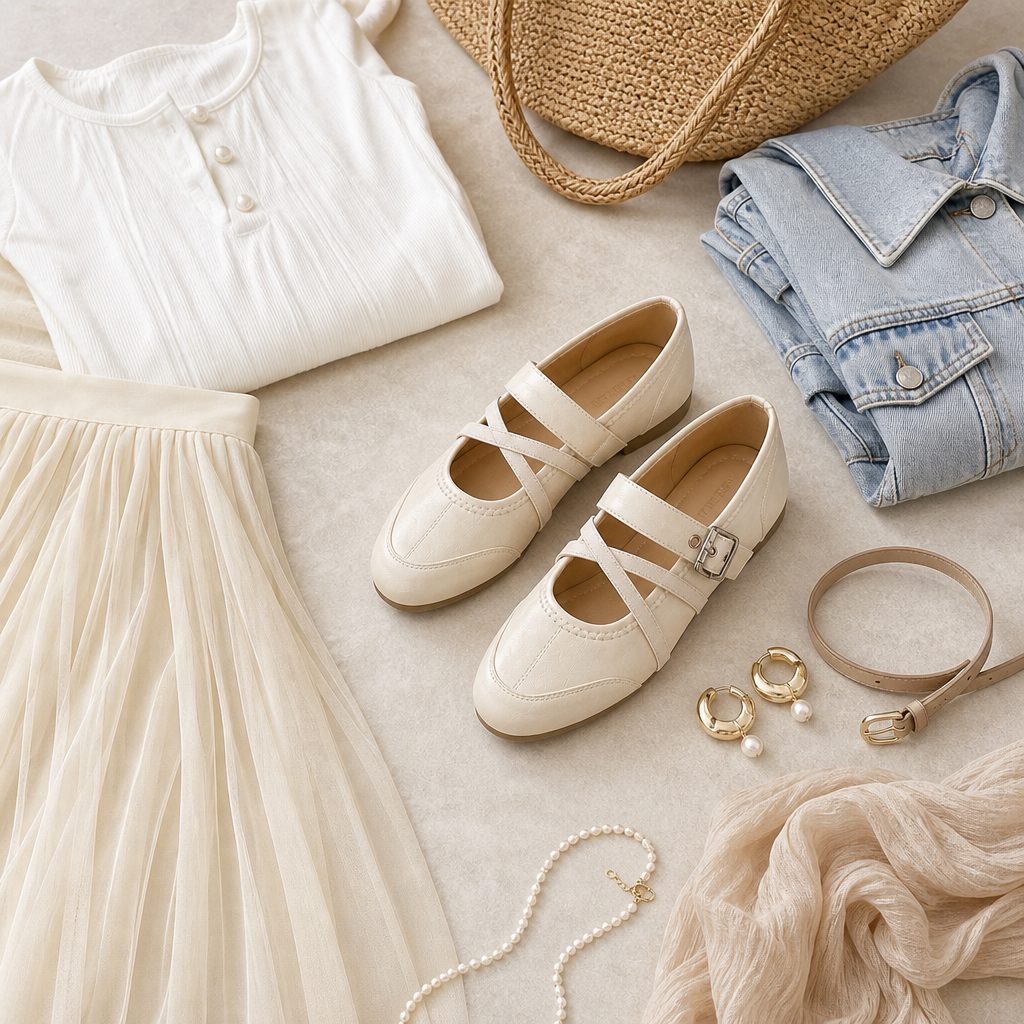 Beige flats flat-lay with clothing and accessories