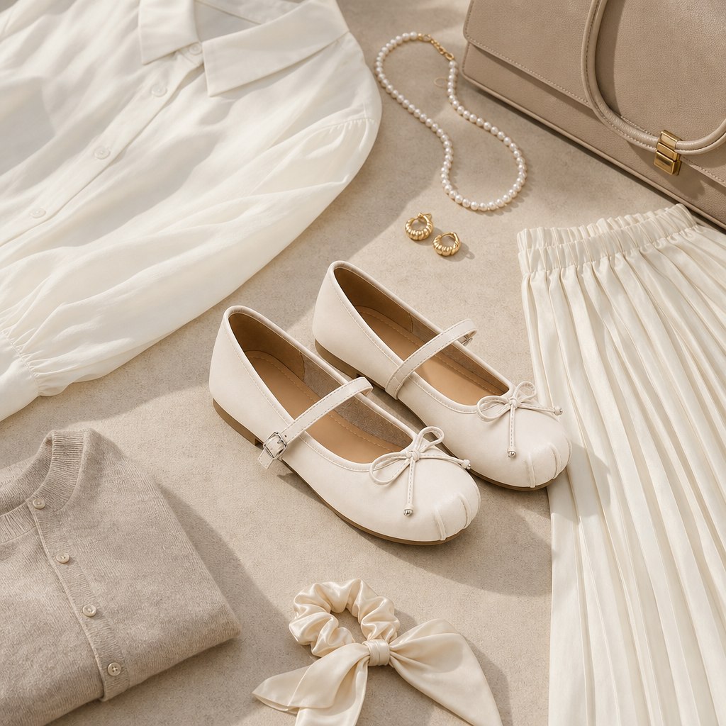 Off-white ballet flats styled among accessories