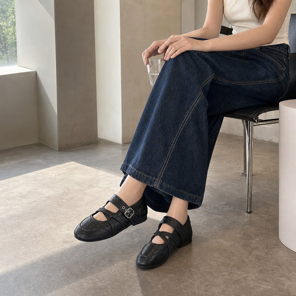 Black commuting flats worn in a seated lifestyle scene