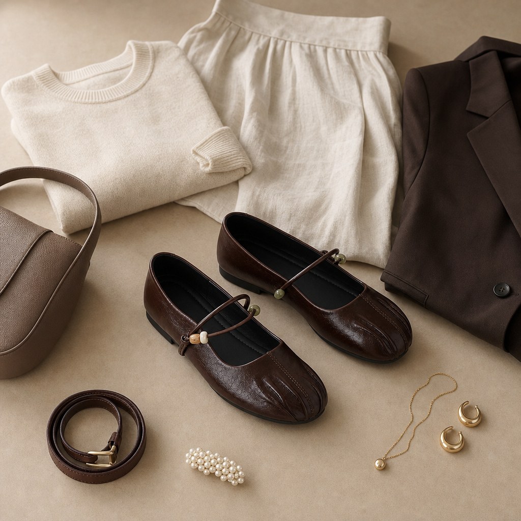 Brown flats in a flat-lay styling scene with matching accessories