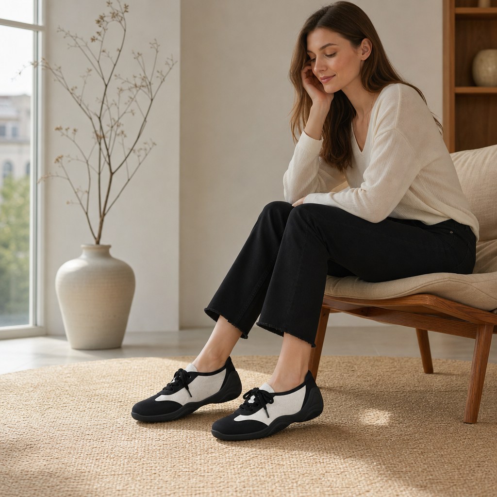 Sisätiloissa käytetyt mustat colorblock-loaferit