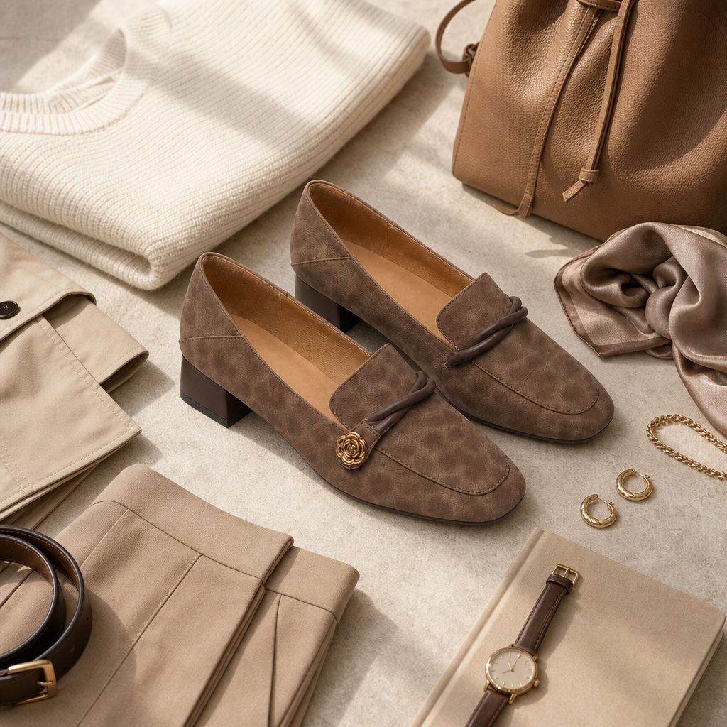 Ruskeat loaferit, joissa on vaatteita ja asusteita