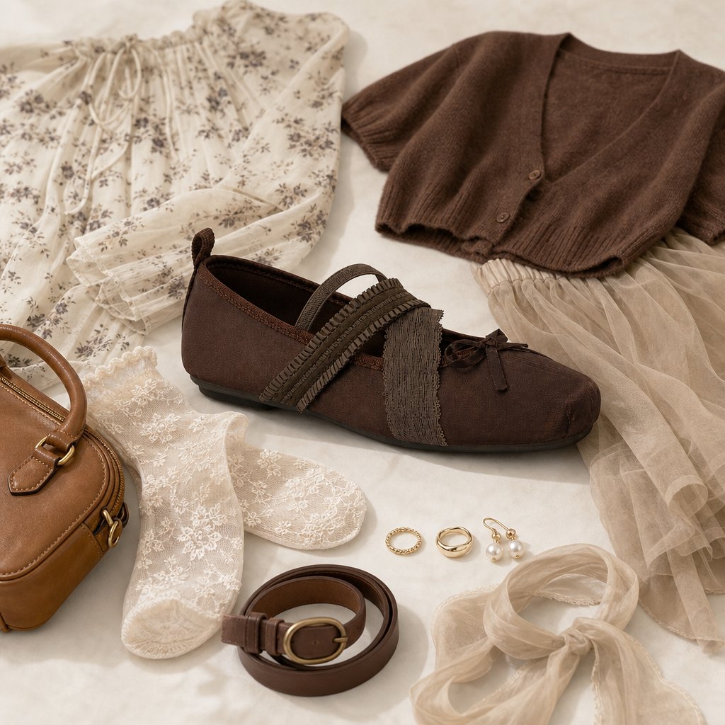 Brown Mary Jane shoe styled with clothing and accessories