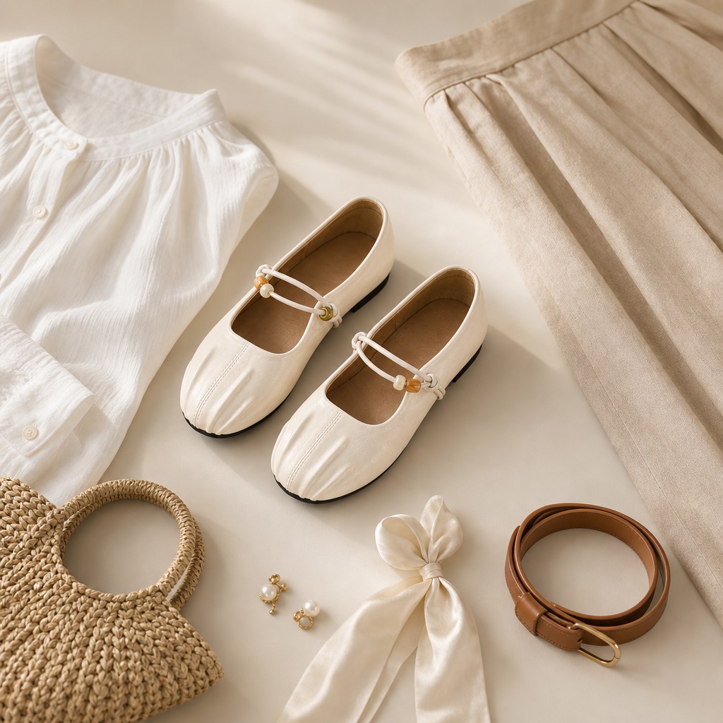 Off-white flats in a flat-lay styling scene with accessories