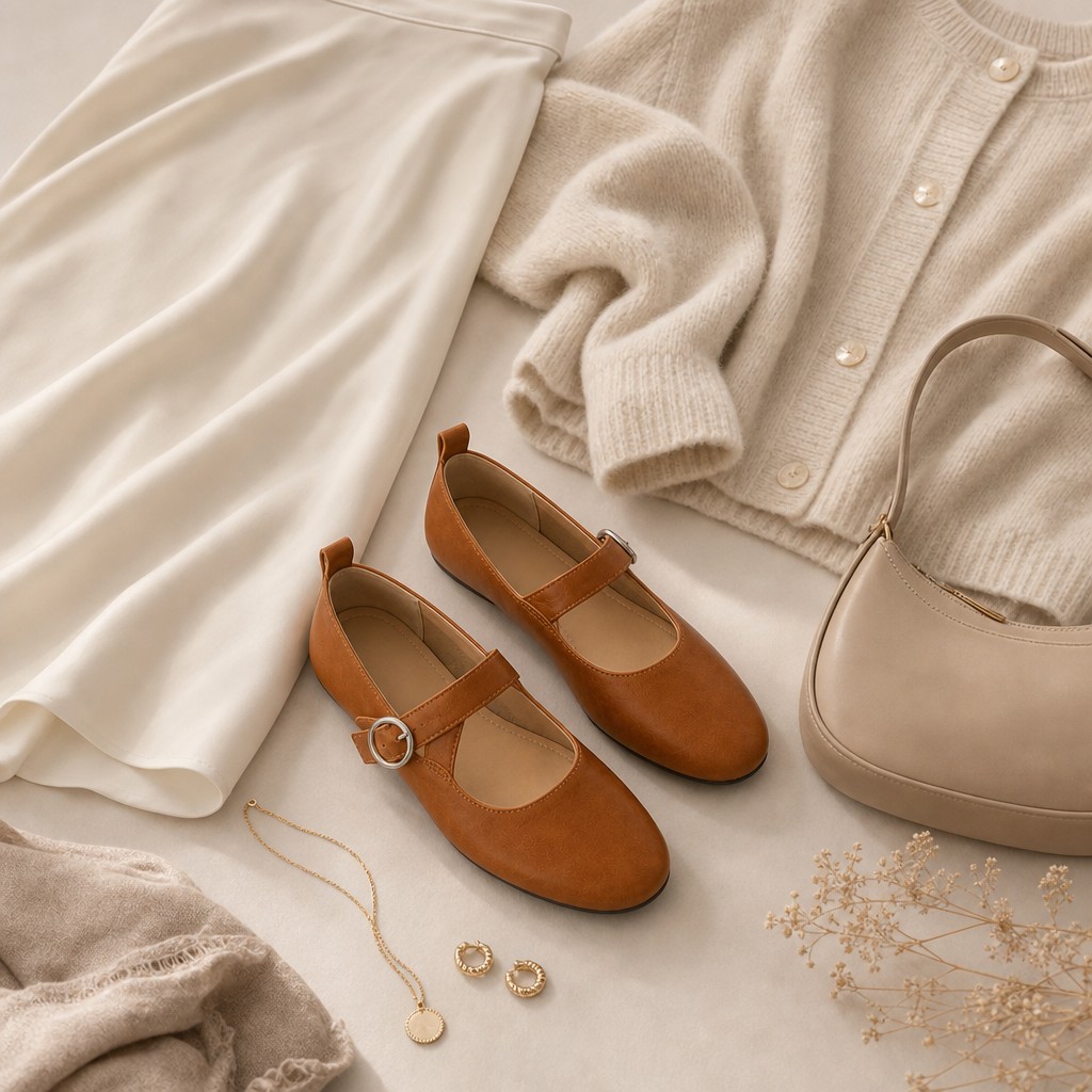 Pumpkin color Mary Jane shoes flat lay with accessories on soft fabric