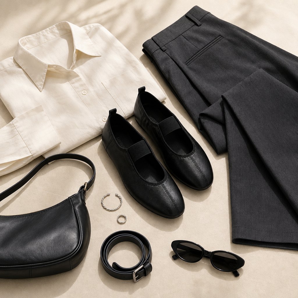 Black flats styled with clothing and accessories