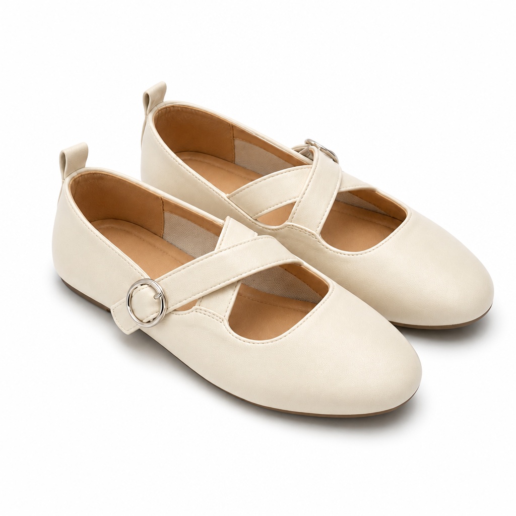 Beige round toe cross strap Mary Jane shoes