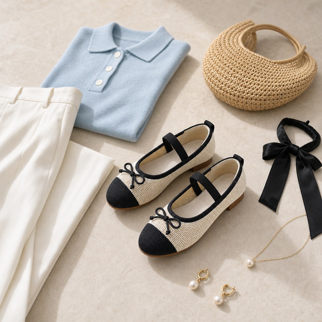 Beige black flats styled with clothing and accessories