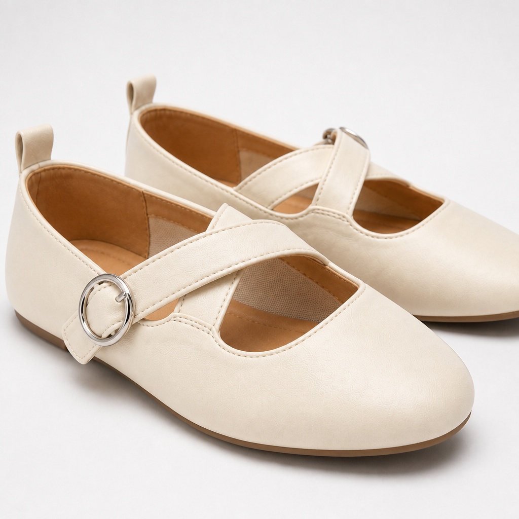 Close view of the cream Mary Jane shoe shape, strap, buckle, and material