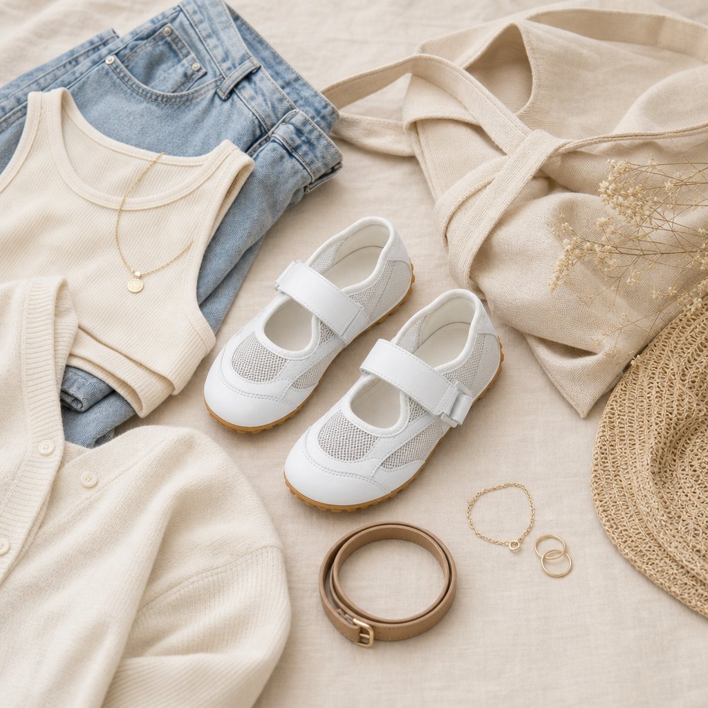 Fashion flatlay with shoes surrounded by clothes and accessories