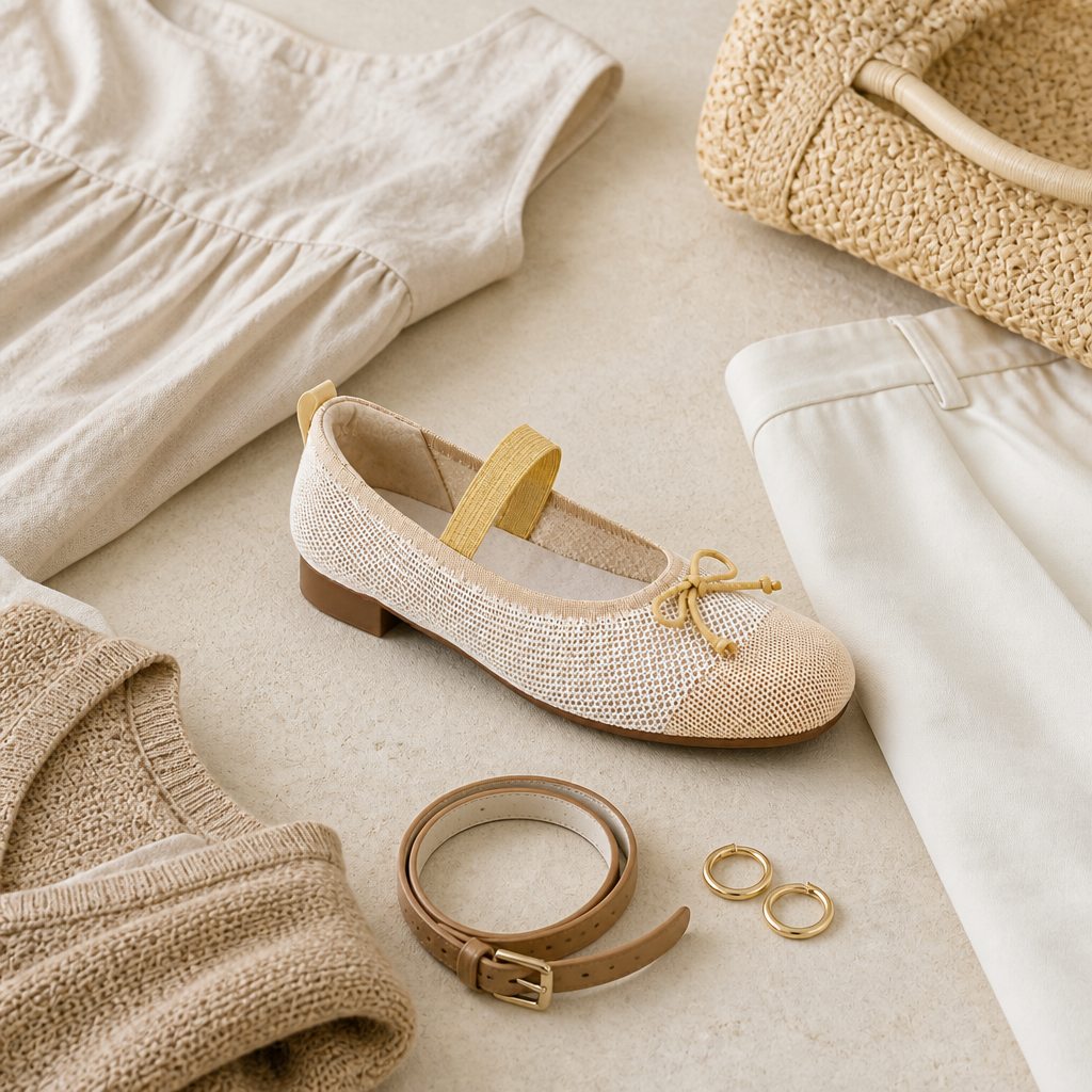 Beige yellow flats styled with accessories