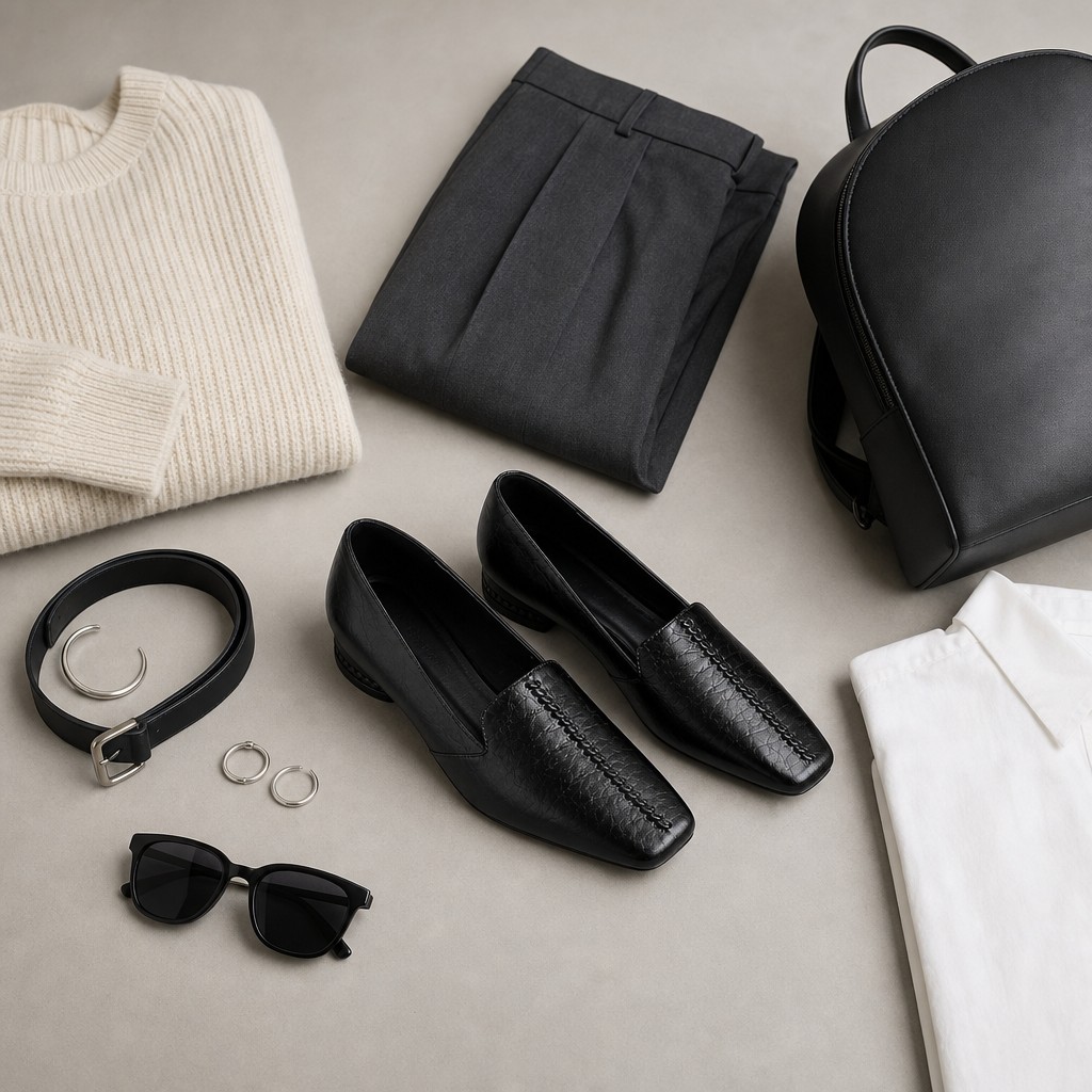 Mustat loaferit tasaisessa asussa
