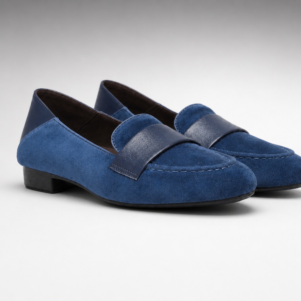 Lähikuva sinisestä loafer-hihnasta ja pehmeästä rakenteellisesta päällystä