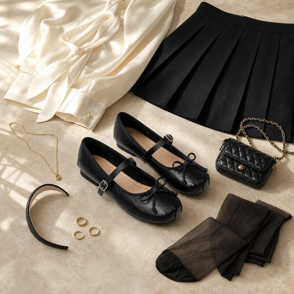 Black ballet flats styled with outfit accessories