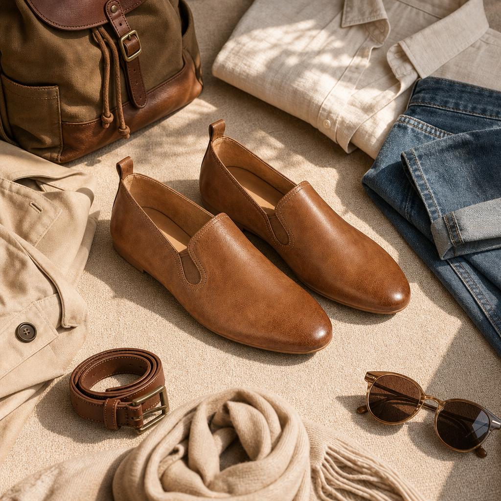 Khaki-loaferit, joissa on neutraalit vaatteet ja asusteet