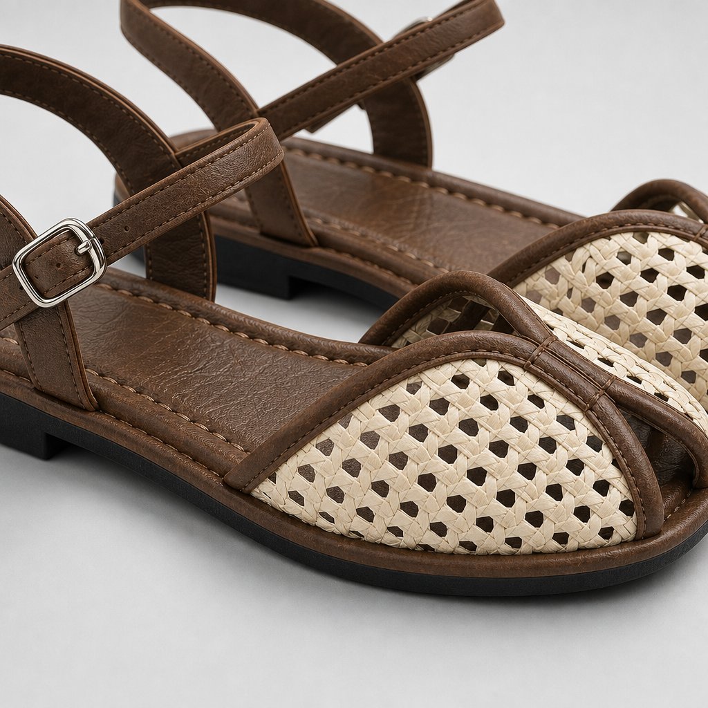 Close-up of woven closed toe, stitching, buckle strap, and texture