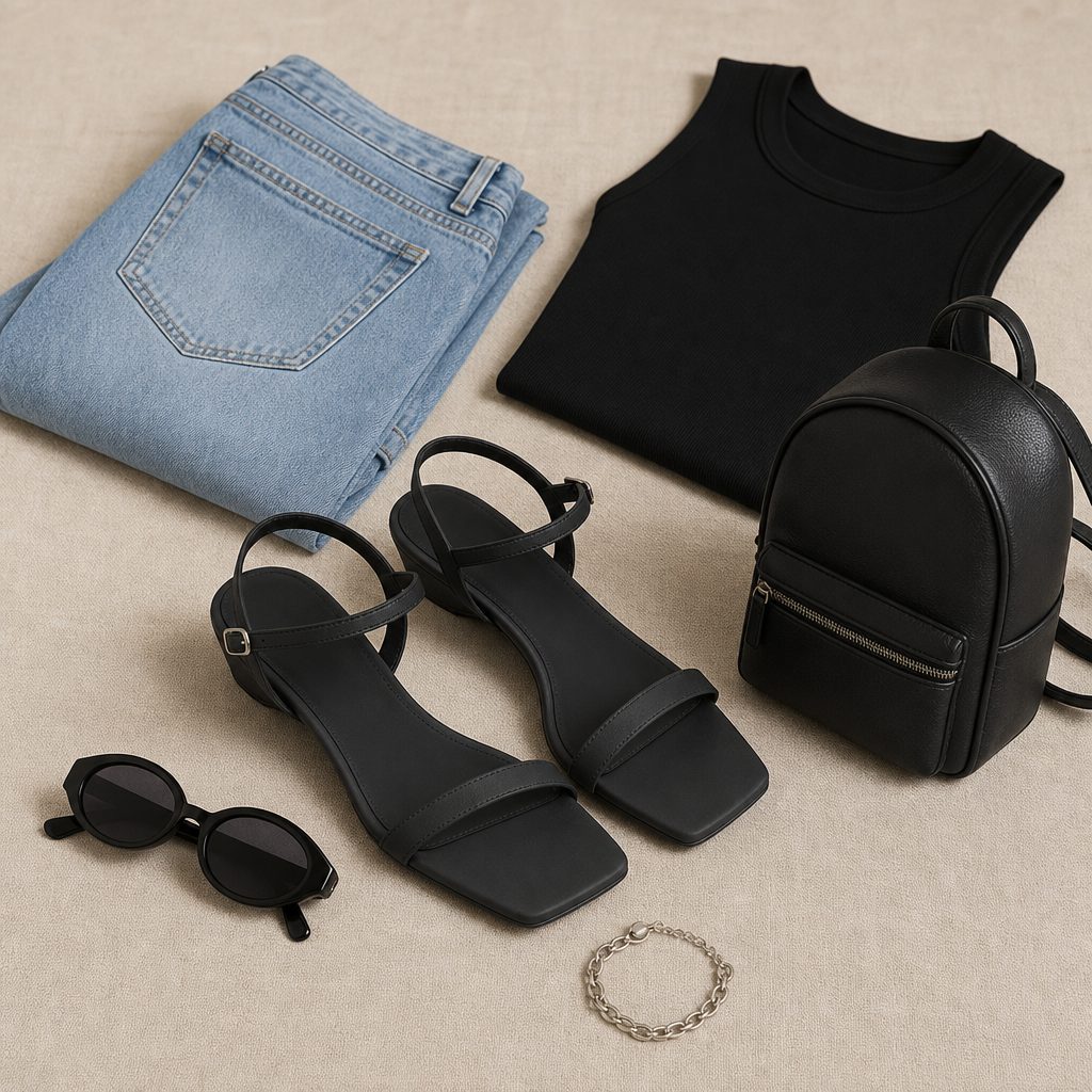 Roman sandals styled with accessories in a flat lay