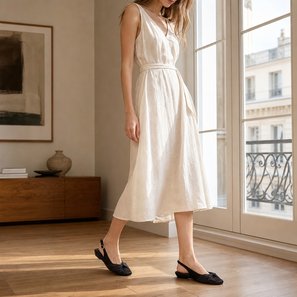 Sapatilhas pretas usadas com vestido branco