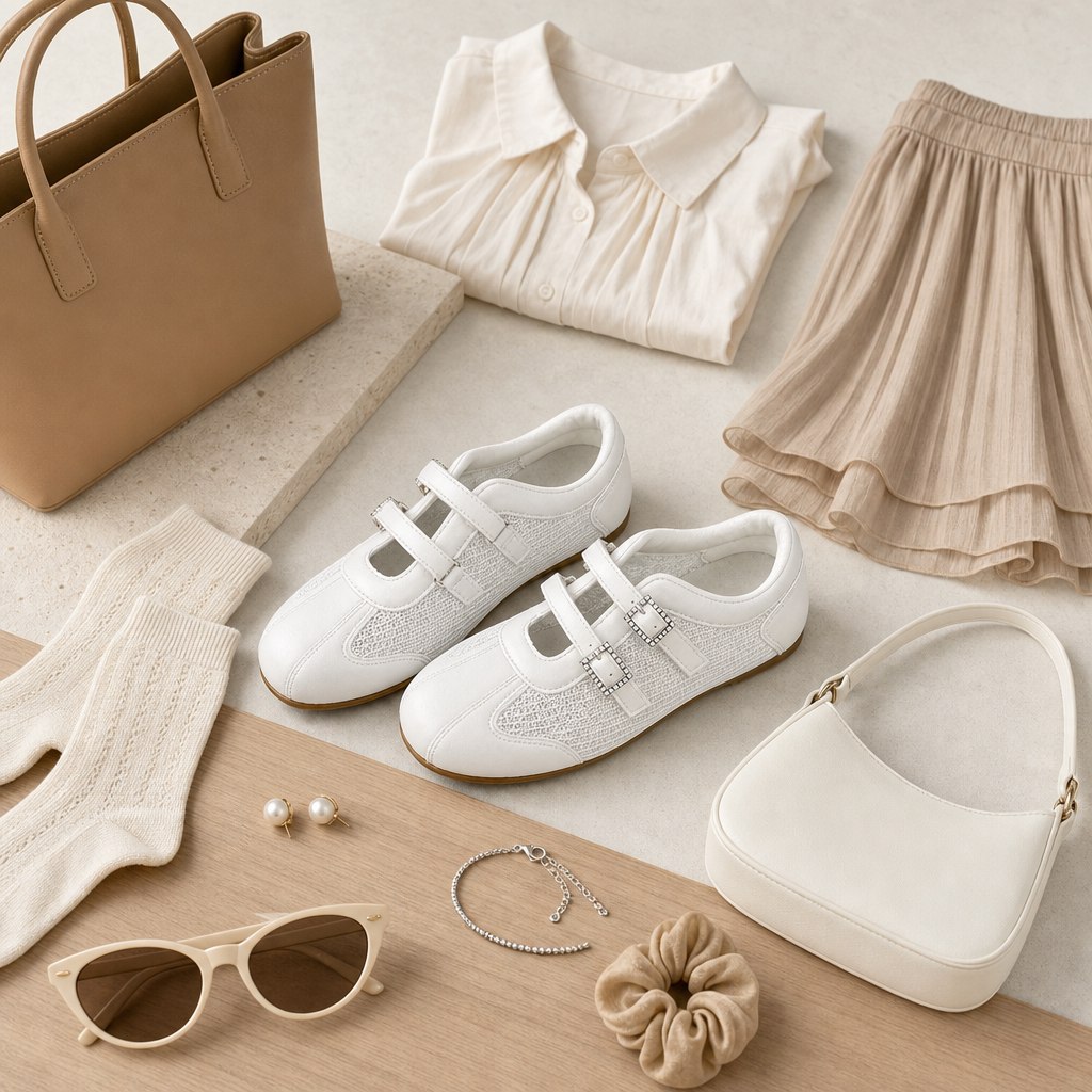 Composizione flat lay con sneakers Mary Jane e accessori casual.