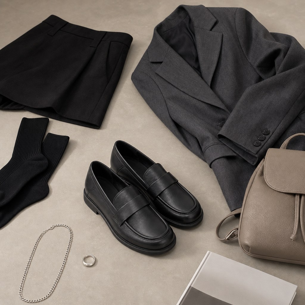 Ballerines noires assorties aux accessoires de la tenue, présentées à plat.