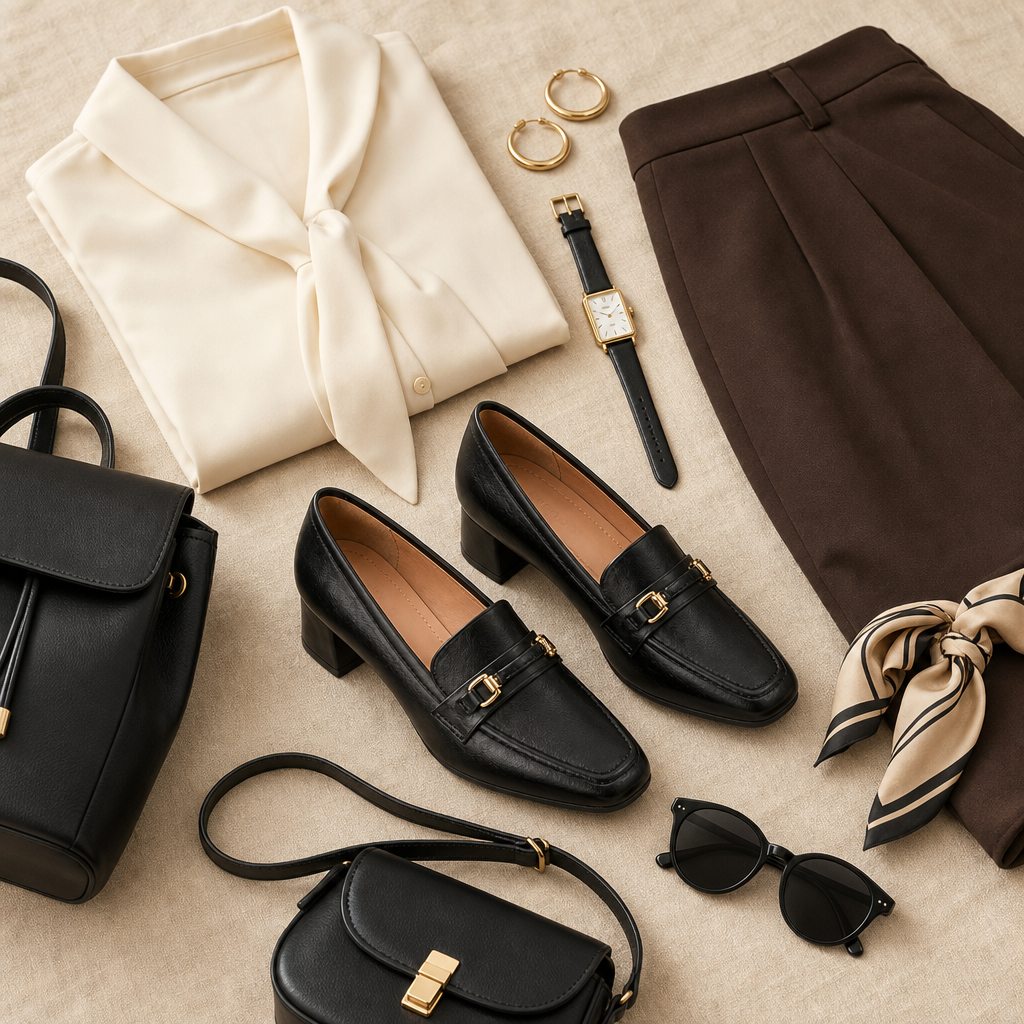 Black stable heel loafers styled with clothing and accessories in a flat-lay scene