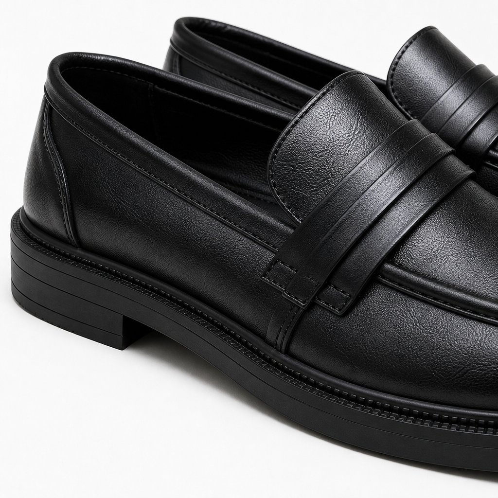 Gros plan latéral montrant le talon du mocassin, les coutures, la zone de la bride et la matière noire texturée