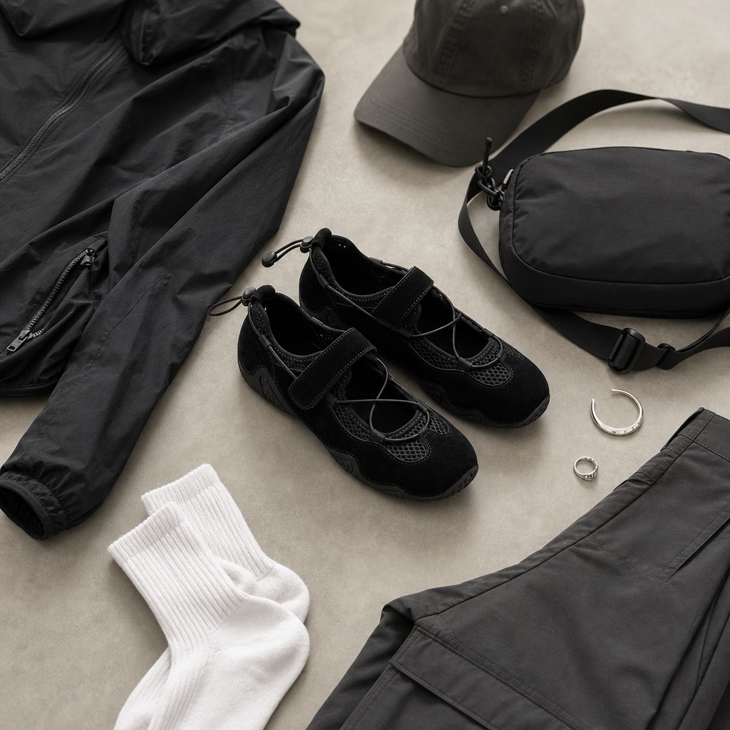 Sneakers Mary Jane nere abbinate a capi di abbigliamento sportivo