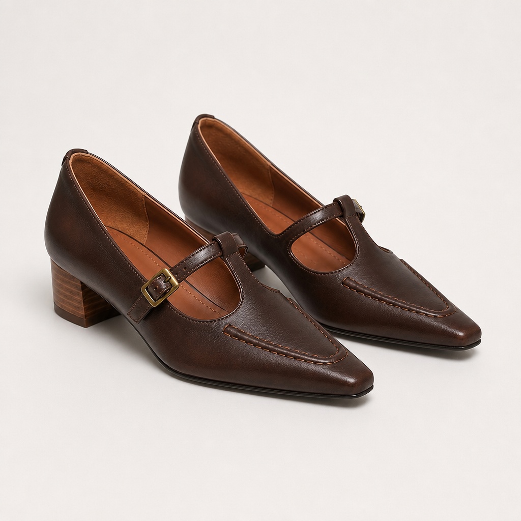 Sapatos sociais marrom vintage com fivela e salto baixo visualização completa do produto