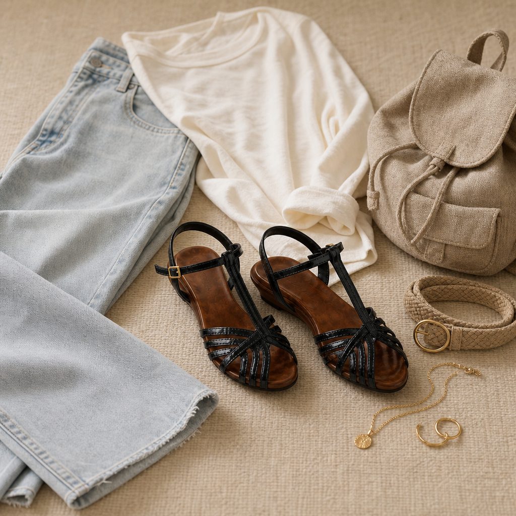 Black wedge sandals flat-lay with clothing and accessories