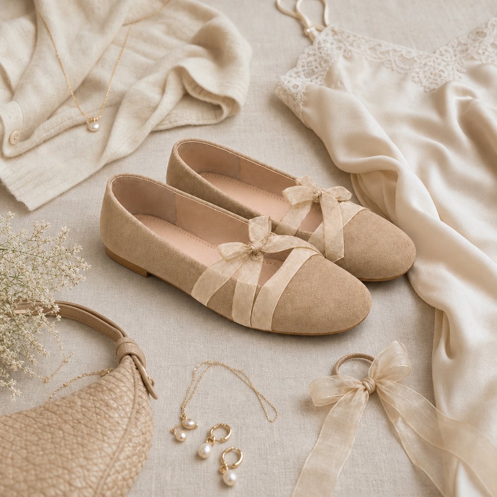 Ballerine beige con fiocco, impreziosite da accessori femminili.