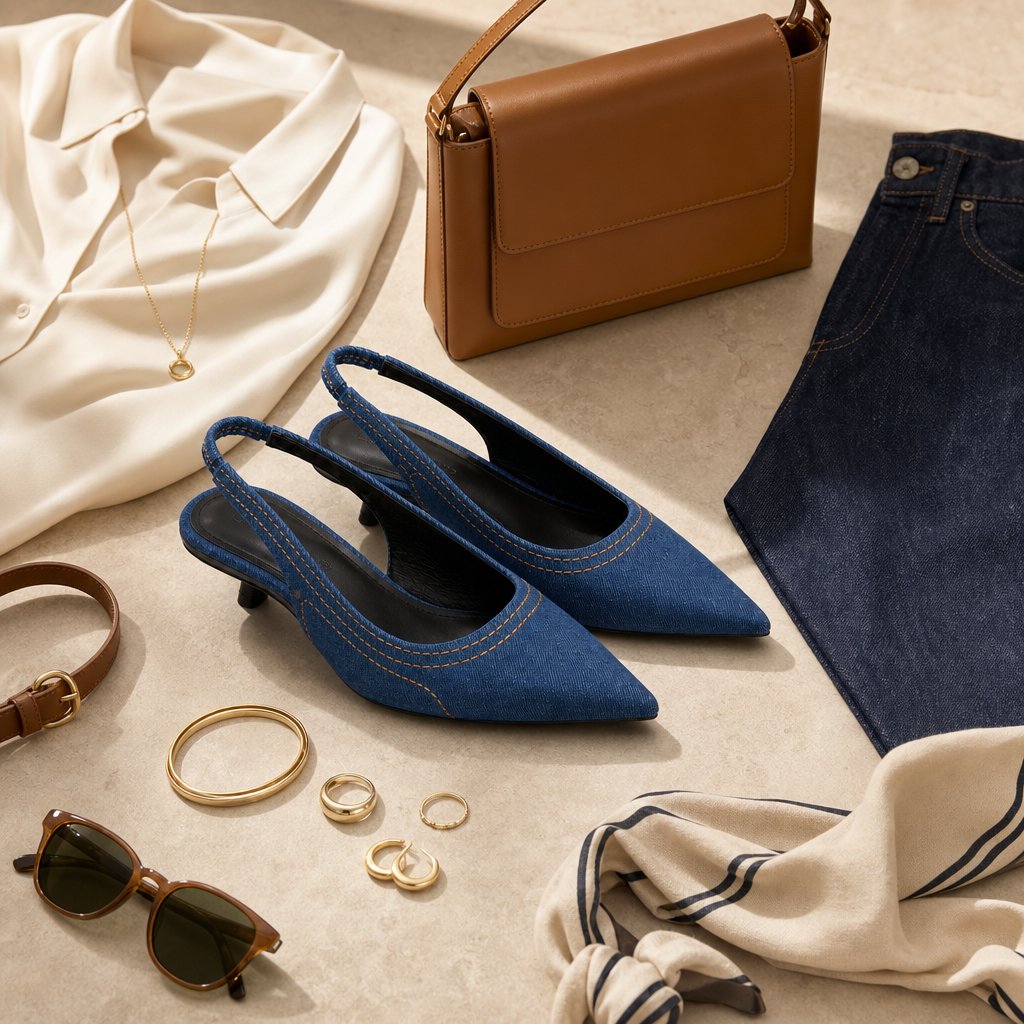 Salto tipo slingback azul marinho com bolsa de joias e roupas