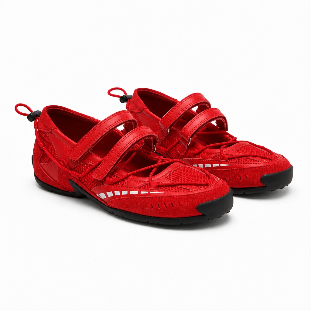 Scarpe da ginnastica rosse modello Mary Jane ispirate al balletto.