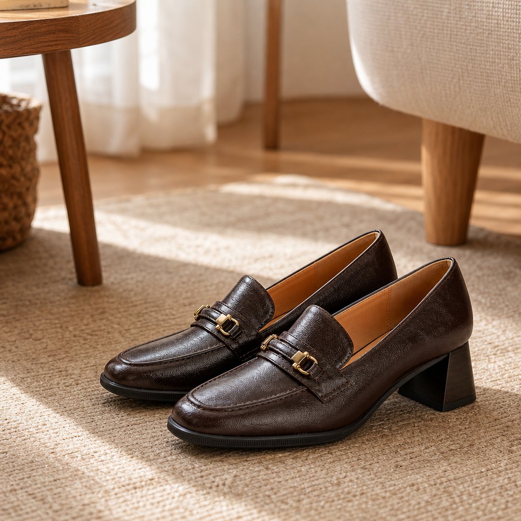 Brown stable heel loafers placed in a soft room setting near furniture