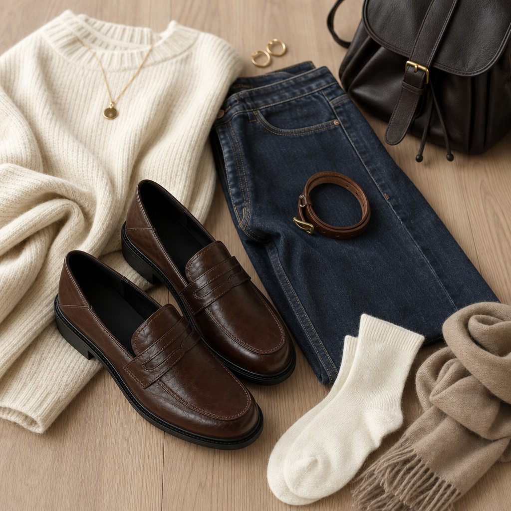 Mocassins marron présentés avec les accessoires de la tenue