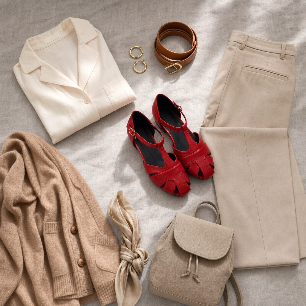 Red hollow-out heels styled with coordinated accessories