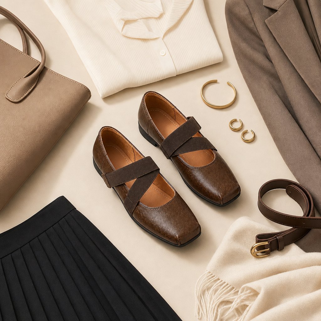 Scarpe Mary Jane marroni abbinate a vestiti e accessori
