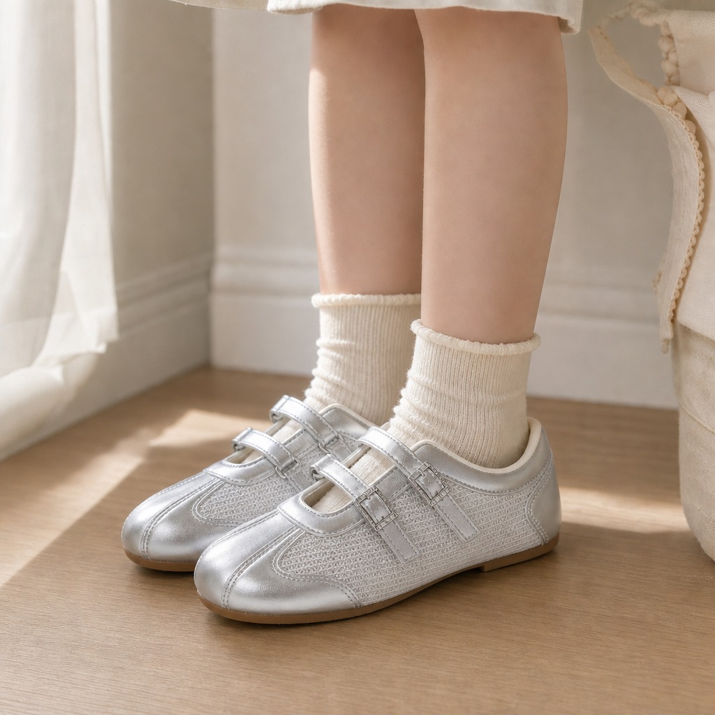 Scarpe da ginnastica Mary Jane metallizzate indossate con i calzini vicino a una finestra