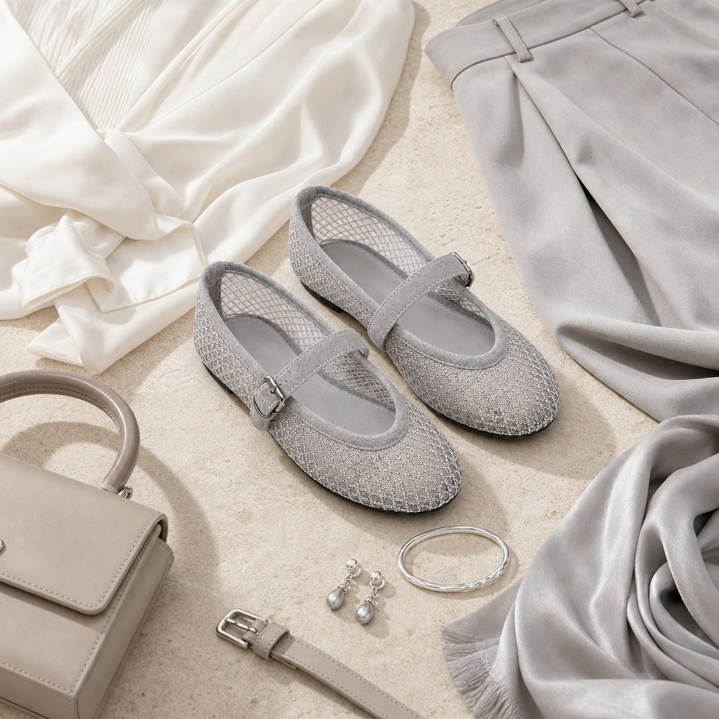 Ballerine grigie Mary Jane con accessori abbinati