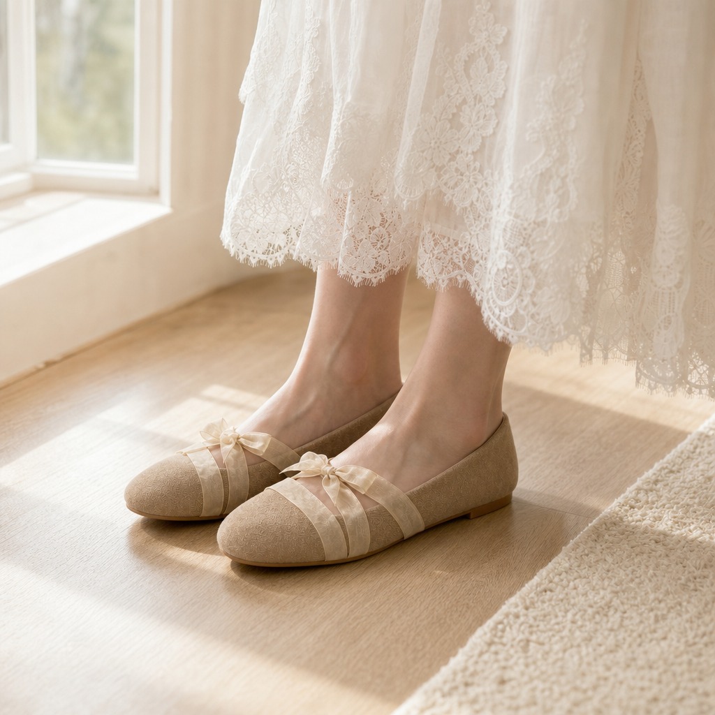 Ballerine beige con fiocco, indossate in casa con un vestito