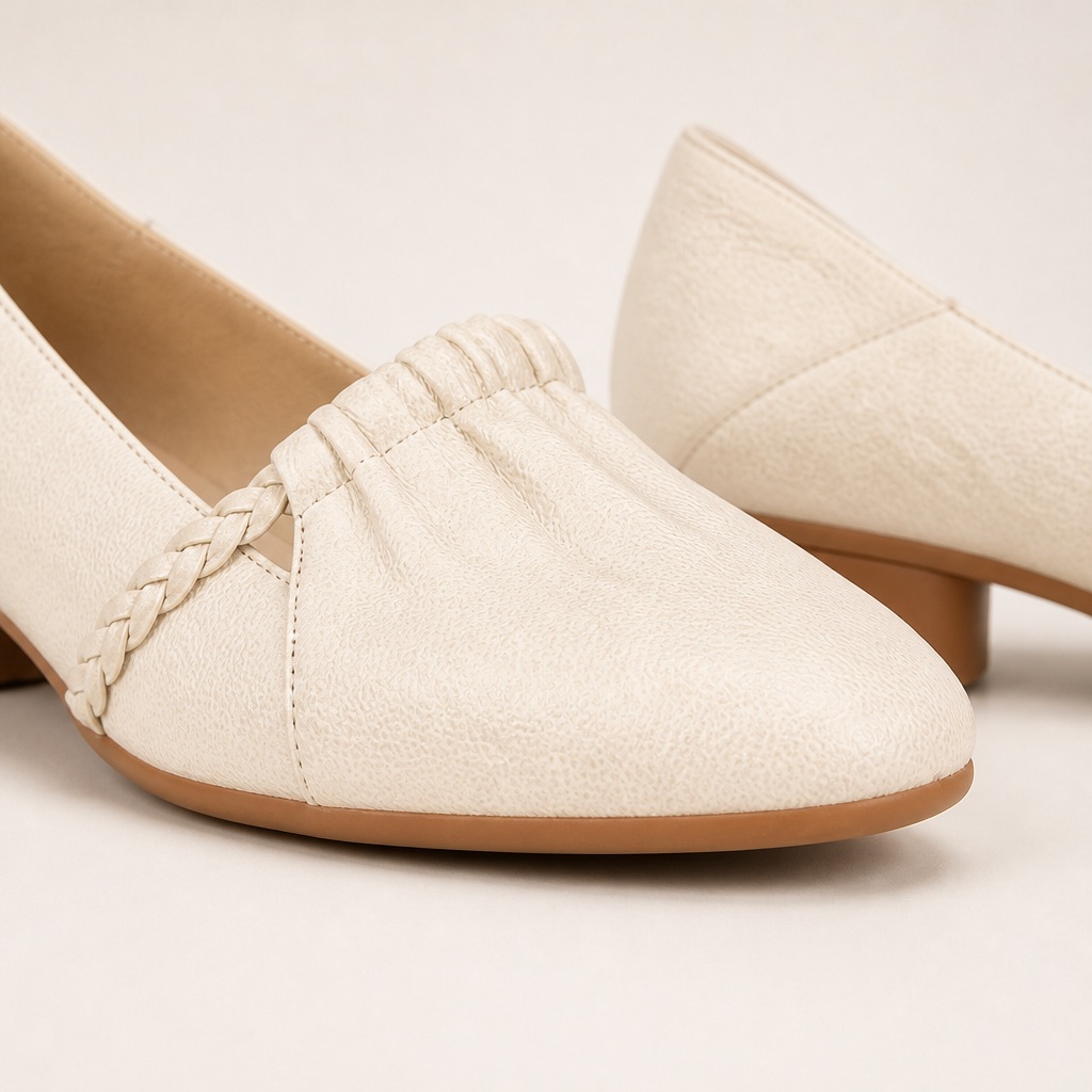 Close-up of beige loafer toe, vamp and braided trim