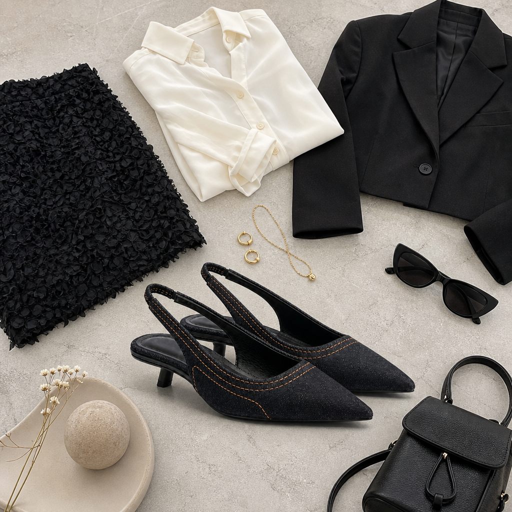 Salto tipo slingback preto estilizado com roupas e acessórios
