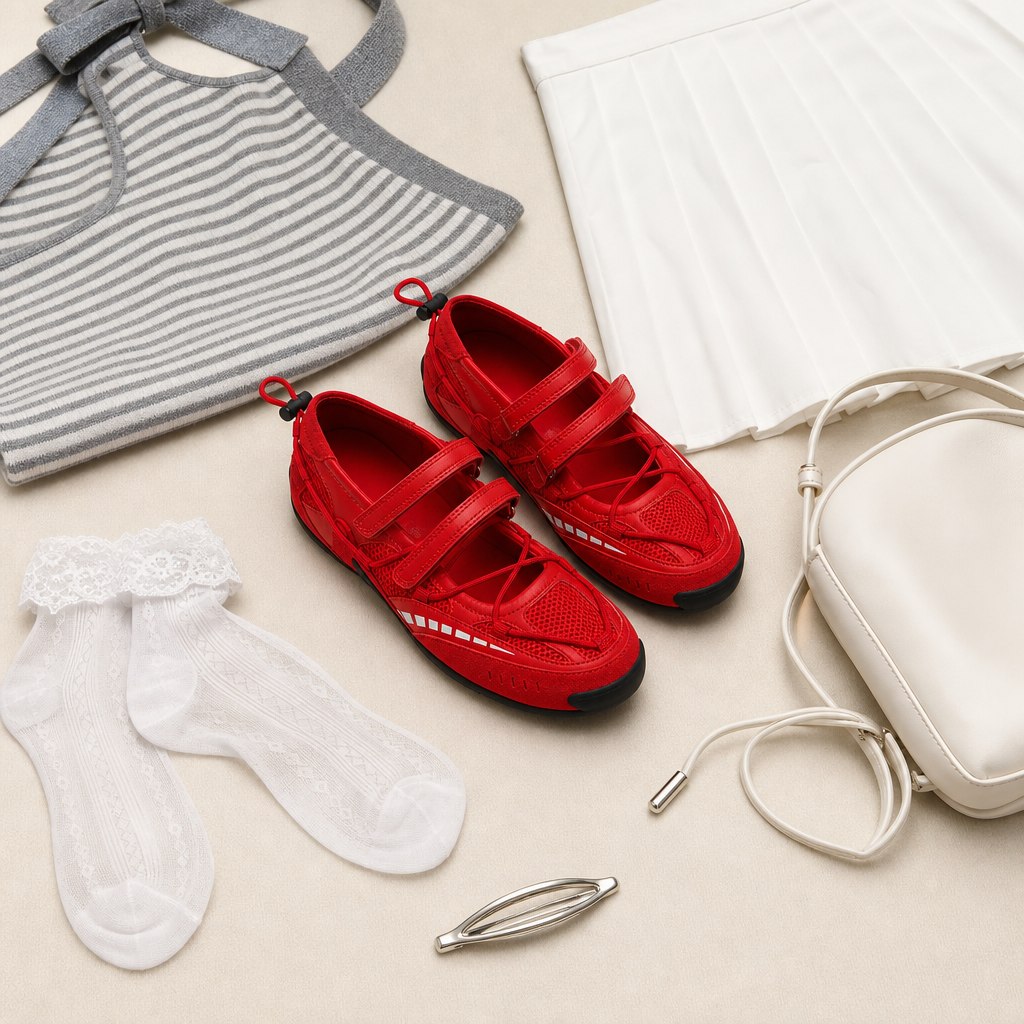 Sneakers rosse Mary Jane in una composizione flat lay con calzini e borsa